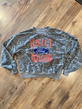 Ford Gray Camo Sweatshirt with Red Script and Blue Logo
